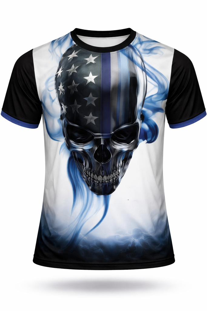 Thin Blue Line Skull FULL - Short Sleeve Polyester Shirt