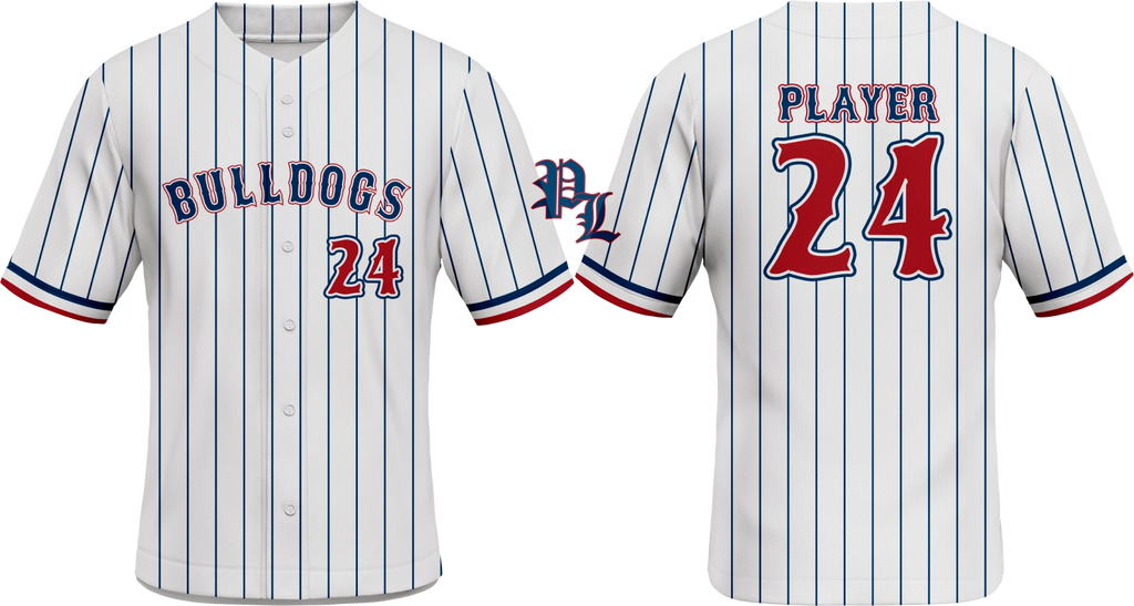 Bulldogs White Navy Stripe Full Button Baseball Jersey