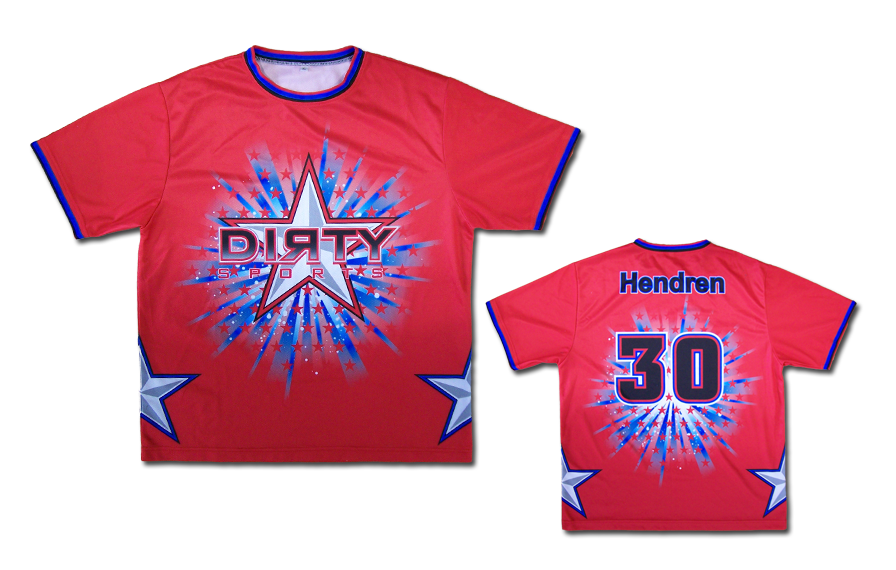 Red Dye-Sub Shirt w/ Blue Dirty Star Burst