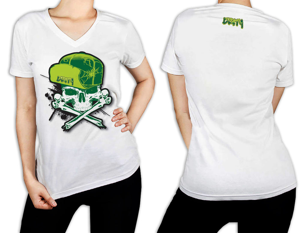 Women's White T-Shirt - Dirty Skull Flip Hat GREEN