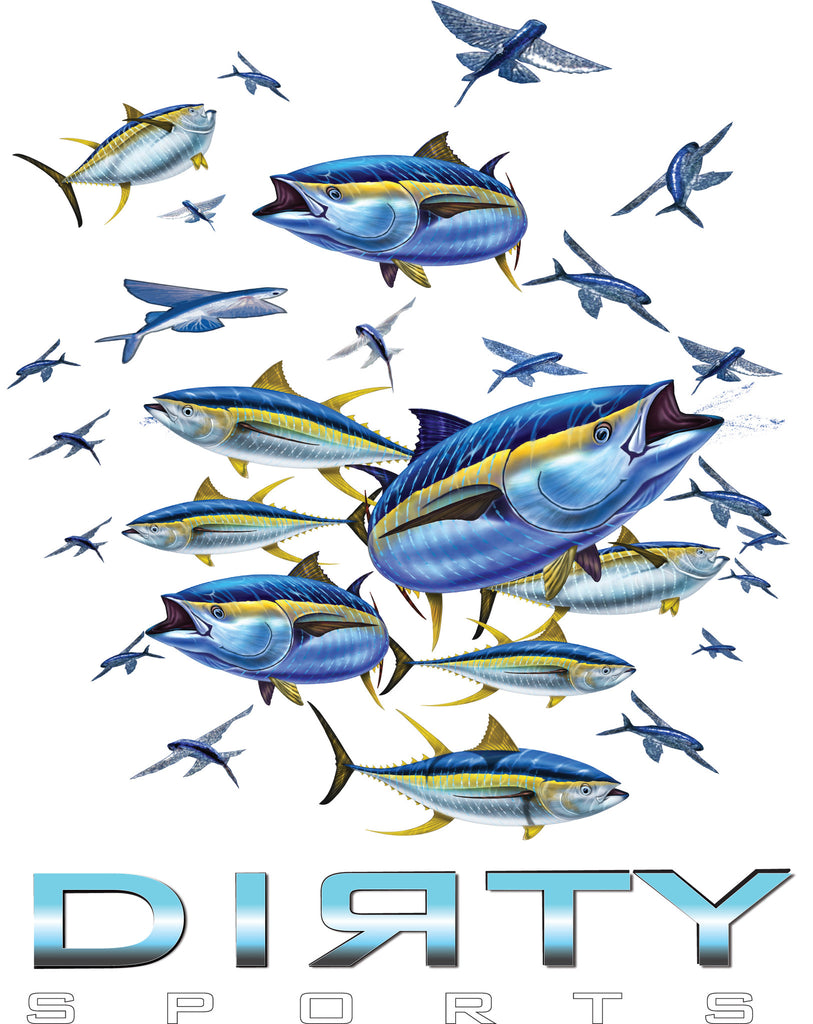 Tuna & Flying Fish, baby blue, full coverage - Short Sleeve Polyester Shirt