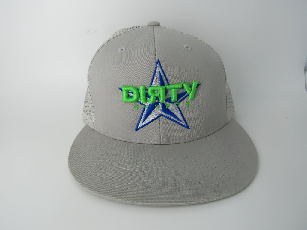 Light Gray Snap-Back Hat- Silver and Blue Star with Neon Green Dirty Sports Font