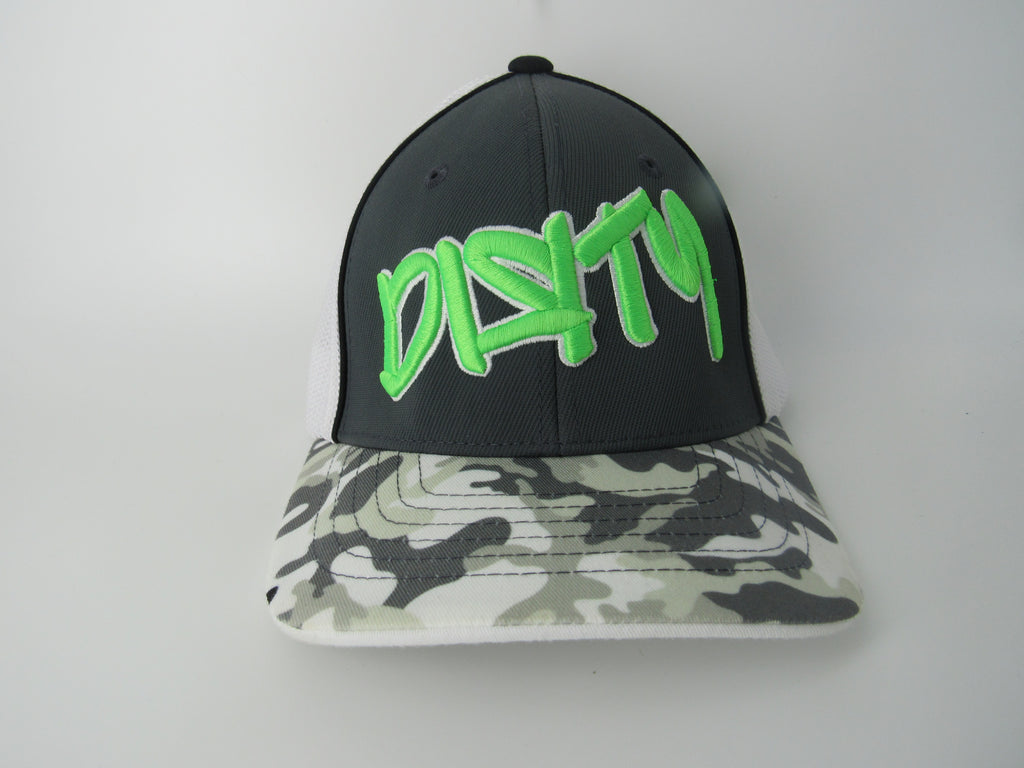 Fitted Green Camo/Grey with Dirty  Neon Green Graffiti Logo