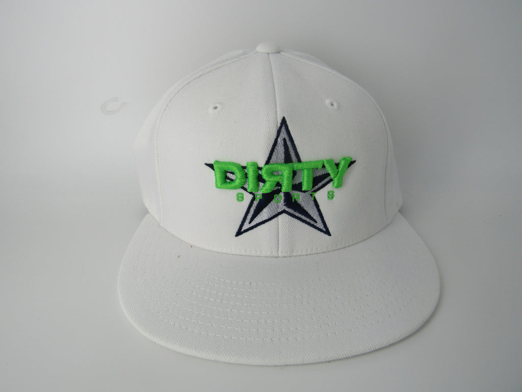 White Hat/White Snap/ Navy Blue and Silver Star with Neon Green Dirty Sports Font