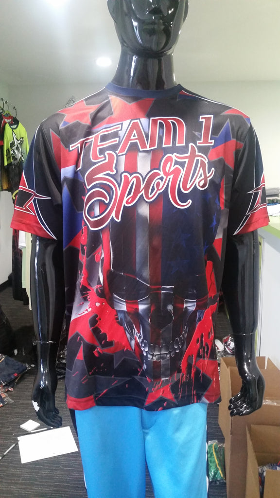 Team 1 Sports, Red White Blue Skull - Custom Full-Dye Jersey