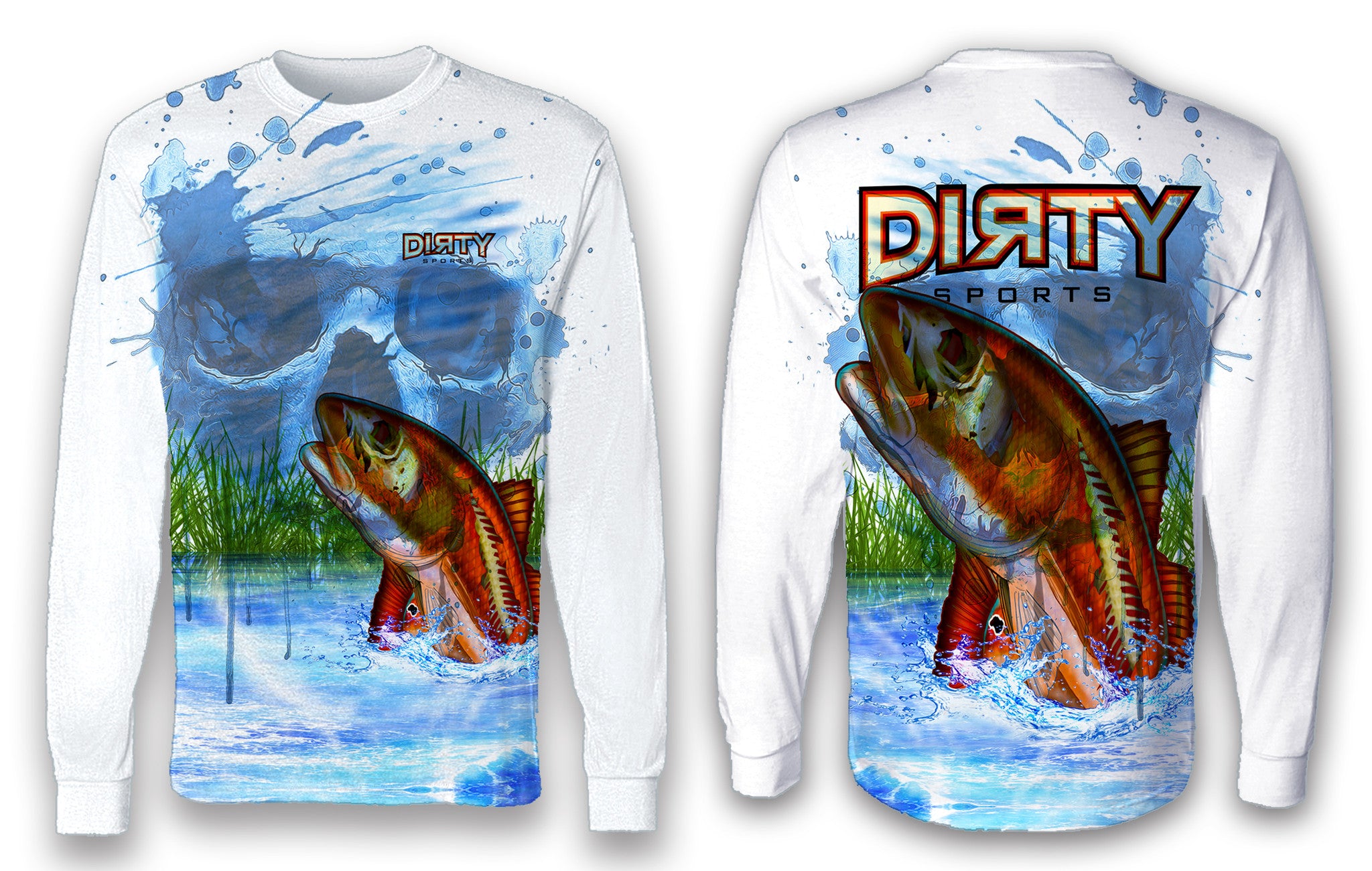 Undead Redfish with Skull FULL - Long Sleeve Polyester Shirt - Dirty Sports  Wear